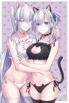  2girls animal_ears bangs bell black_bra black_choker black_panties black_thighhighs blue_eyes blush border bra breasts cat_cutout cat_ears cat_tail choker cleavage closed_mouth clothing_cutout collarbone cowboy_shot dated fuyutsuki_(kancolle) groin hair_between_eyes highres jewelry jingle_bell kabocha_torute kantai_collection large_breasts long_hair multiple_girls navel one_side_up open_mouth panties ring smile suzutsuki_(kancolle) tail thighhighs twitter_username underwear very_long_hair wedding_ring white_border white_bra white_choker white_hair white_panties white_thighhighs 