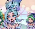  3girls :d akali bangs bare_shoulders breasts cleavage collarbone crystal_rose_akali crystal_rose_janna crystal_rose_riven detached_sleeves flower green_eyes green_flower green_hair hair_flower hair_ornament janna_(league_of_legends) juliet_sleeves large_breasts league_of_legends long_hair long_sleeves looking_at_another multiple_girls orange_flower parted_hair phantom_ix_row pointy_ears portrait pout puffy_sleeves purple_flower riven_(league_of_legends) smile star_(symbol) teeth upper_teeth_only window 