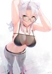  1girl animal_ears armpits arms_behind_head arms_up bangs bare_shoulders belt bikini black_bikini blush breasts choker cleavage collarbone commission glasses green_eyes highres large_breasts long_hair looking_at_viewer nanahime navel original pants skeb_commission smile solo swimsuit thighs white_hair white_pants 