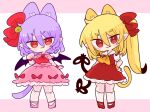  2girls animal_ears ascot bat_wings bell blonde_hair bow cat_ears cat_girl cat_tail collared_shirt crystal fang flandre_scarlet frilled_shirt_collar frilled_skirt frilled_sleeves frills hair_bow highres jingle_bell kemonomimi_mode light_purple_hair medium_hair multiple_girls no_headwear one_side_up op_na_yarou paw_pose pink_footwear pink_shirt pink_skirt puffy_short_sleeves puffy_sleeves red_ascot red_bow red_eyes red_footwear red_ribbon red_skirt red_vest remilia_scarlet ribbon shirt short_sleeves simple_background skirt skirt_set slit_pupils tail touhou vest white_background white_shirt white_skirt wings wrist_cuffs yellow_ascot 