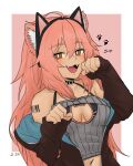  1girl animal_ear_fluff animal_ear_headwear animal_ears arknights barcode barcode_tattoo blush breasts brown_eyes cat_ear_hairband center_opening choker cleavage cleavage_cutout clothing_cutout dated dokonjou_(odossan) english_commentary fake_animal_ears fangs gravel_(arknights) long_hair looking_at_viewer meme_attire open-chest_sweater paw_pose pink_hair prairie_dog_ears prairie_dog_girl shoulder_tattoo simple_background smile solo sweater tattoo 