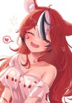  1girl animal_ears bangs blush breasts cafelittle closed_eyes collarbone hair_between_eyes hakos_baelz head_tilt heart highres hololive hololive_english large_breasts long_hair loose_clothes open_mouth red_hair single_bare_shoulder smile tight white_background wrinkled_fabric 