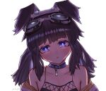  1girl absurdres animal_collar animal_ears bangs bare_shoulders black_hair blue_archive blue_eyes blunt_bangs blush breasts cleavage closed_mouth collar collarbone dog_ears dog_girl fishnet_pantyhose fishnets goggles goggles_on_head hair_bobbles hair_ornament halo heart hibiki_(blue_archive) highleg highleg_leotard highres hime_cut jacket kasunekei leotard long_hair long_sleeves looking_at_viewer low_twintails medium_breasts off_shoulder open_clothes open_jacket pantyhose purple_collar purple_eyes rabbit_ears simple_background smile solo strapless strapless_leotard tail twintails upper_body white_background 