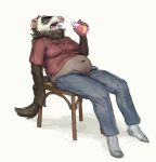  anthro belly beverage big_belly bloated bodily_fluids bottle bottomwear brown_body brown_fur cettus cettus_chaput chair clothed clothing container denim denim_clothing domestic_ferret drinking drooling footwear fur furniture hi_res holding_beverage holding_object jeans male mammal midriff mustelid musteline open_mouth overweight overweight_anthro overweight_male pants reclining saliva shirt simple_background sitting socks solo topwear true_musteline weasel white_background white_face 