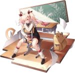  1girl :d alternate_costume azur_lane bag black_vest blonde_hair blush book character_name classroom copyright_name cross_ornament expressions full_body hair_ornament hair_ribbon hairclip hand_on_own_cheek hand_on_own_face hero_(azur_lane) hero_(the_devil_wears_knee-highs)_(azur_lane) highres long_hair long_sleeves looking_at_viewer miniskirt non-web_source official_art plaid plaid_ribbon plaid_skirt pout red_eyes red_skirt ribbon school_bag school_uniform shirt sitting sitting_backwards skirt smile solo spread_legs thigh_strap thighs transparent_background twintails upskirt vest white_shirt 