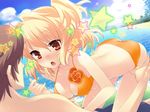  1girl :o ahoge back beach bent_over bikini blonde_hair blush breasts brown_hair cleavage cloud day embarrassed eye_contact flyable_heart game_cg highres inflatable_raft itou_noiji katsuragi_shou leg_grab looking_at_another medium_breasts open_mouth orange_eyes outdoors palm_tree ponytail short_hair side_ponytail sky star straddling sumeragi_amane surprised swimsuit tree water wet 