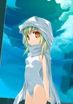  cloud copyright_request day flat_chest green_hair highres kinoshita_ichi one-piece_swimsuit orange_eyes scarf sky solo swimsuit 