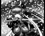  breasts cleavage greyscale large_breasts long_hair mitsurugi_meiya monochrome muvluv muvluv_alternative ponytail ribbon solo sword ueyama_michirou weapon 