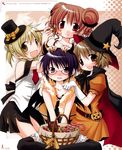  absurdres aoki_ume candy food glasses halloween hat hidamari_sketch highres hiro mini_hat mini_top_hat miyako multiple_girls official_art sae scan thighhighs top_hat witch_hat yuno 