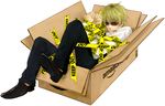  a-k amazon_(company) bad_id bad_pixiv_id bdsm bondage bound box cardboard_box caution_tape durarara!! full_body heiwajima_shizuo in_box in_container keep_out male_focus messy_hair shoes simple_background solo sunglasses 