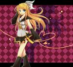  alternate_hair_length alternate_hairstyle argyle argyle_background blonde_hair blue_eyes colorized highres kagamine_rin letterboxed long_hair looking_at_viewer scanlines skirt smile solo ui_(rot) vocaloid 