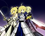  absurdres armor armored_dress artoria_pendragon_(all) caliburn dark_excalibur dress excalibur fate/stay_night fate/unlimited_codes fate_(series) highres multiple_girls multiple_persona saber saber_alter saber_lily sword weapon yasu_(yossy) 