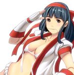  bad_id bad_pixiv_id bikini_top black_hair bow breasts cleavage long_hair masao medium_breasts mouth_hold nakoruru open_clothes open_shirt red_bow salute samurai_spirits shirt solo upper_body 