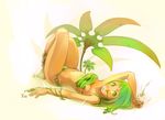  amalia_sheran_sharm anklet arm_up barefoot bikini blush breasts cleavage curvy duplicate flower full_body green_eyes green_hair hands jewelry legs legs_together long_hair lying medium_breasts midriff navel on_back open_mouth plant sadida simple_background solo swimsuit wakfu wide_hips xavier_houssin 
