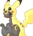  ambiguous_gender angry blush costume eeveelution embarrassed feral fluffy looking_at_viewer nintendo paws pikachu pok&eacute;mon pok&eacute;mon_(species) shin_(artist) simple_background sitting tail_between_legs tears umbreon video_games white_background 