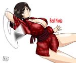  1girl artist_request black_eyes black_hair blush breasts choker cleavage copyright_name japanese_clothes kimono kunai kurenai_(red_ninja) large_breasts looking_at_viewer obi red_ninja short_hair short_kimono smile solo weapon 