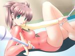  breasts covered_nipples dual_wielding green_eyes gymnast_leotard gymnastics half-soles holding juggling_club leg_up legs leotard lying medium_breasts non-web_source on_back pink_hair pink_leotard rhythmic_gymnastics shiina_hikaru shintaisou short_hair smile solo spandex zatou 