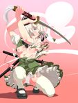  black_hairband blue_eyes blush breasts ghost hairband konpaku_youmu konpaku_youmu_(ghost) legs mary_janes medium_breasts nipples no_bra one_knee panties pantyshot pantyshot_(one_knee) shoes short_hair silver_hair solo sword tearing_clothes thighhighs torn_clothes touhou tsukumo underwear wardrobe_malfunction weapon white_legwear 