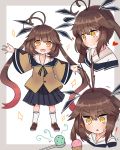  ! 1girl ahoge bangs black_skirt brown_footwear brown_hair brown_shirt eyebrows_visible_through_hair finesoda food girls_frontline heart ice_cream loafers long_hair long_sleeves looking_at_viewer m14_(girls_frontline) multicolored_hair multiple_views open_mouth pleated_skirt shirt shoes skirt triangle_mouth twintails two-tone_background white_background white_legwear wide_sleeves yellow_eyes younger 