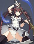  airi_(queen's_blade) caryo dress dress_lift frills from_below green_eyes long_hair maid nanashino panties queen's_blade red_hair ribbon scythe simple_background solo thighhighs twintails underwear upskirt white_panties wind wind_lift wrist_cuffs 