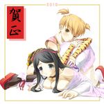  2girls animal_print bell bell_collar black_hair blonde_hair breast_press breasts chinese_zodiac cleavage collar detached_sleeves ear_piercing earrings fang highres japanese_clothes jewelry kimono large_breasts long_hair multiple_girls original piercing short_kimono thighhighs tiger_print top-down_bottom-up twintails year_of_the_tiger yousisi 