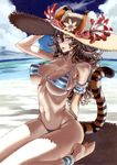  animal_ears ankle_garter arched_back arm_garter barefoot beach bikini breasts brown_eyes brown_hair character_request copyright_request covered_nipples curly_hair day ears_through_headwear flower glasses hat highres honjou_raita large_breasts long_hair outdoors sitting skindentation solo straw_hat string_bikini striped striped_bikini summer swimsuit tail tiger_ears tiger_tail undersized_clothes 