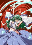  :o armpits arms_up bouncing_breasts breasts cleavage covered_nipples detached_sleeves green_eyes green_hair hair_ornament hirowa_nagi huge_breasts kochiya_sanae navel no_bra no_panties solo sweat torn_clothes touhou water 