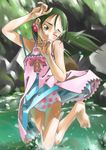  barefoot dress feet flat_chest green_eyes green_hair hair_bobbles hair_ornament hands legs long_hair low_twintails motoi_hiroumi one_eye_closed original polka_dot polka_dot_swimsuit smile solo strap_slip sundress swimsuit swimsuit_under_clothes twintails wading water 