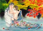  2boys ass japanese_clothes kimono leaf leaves long_hair male male_focus multiple_boys nude outdoors rurouni_kenshin sagara_sanosuke saitou_hajime water wet yaoi 