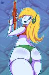  2019 abstract_background android blonde_hair breasts butt butt_pose bzeh cave_story clothed clothing crop_top curly_brace digital_media_(artwork) eyelashes female gun hair humanoid long_hair looking_at_viewer looking_back machine not_furry one_eye_closed panties pixel_(artwork) pose ranged_weapon rear_view robot shiny shirt skimpy smile solo standing thick_thighs underwear video_games weapon wink 
