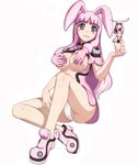  1girl animal_ears bare_legs breasts bunny_ears caryo chibi cleavage covering covering_breasts heart large_breasts long_hair long_legs melona nanashino panties pink_hair prehensile_hair purple_hair queen's_blade revealing_clothes solo underwear white_panties 