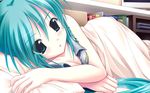  amino_kohaku bed blush breasts cleavage green_eyes green_hair hatsune_miku long_hair medium_breasts solo very_long_hair vocaloid 