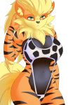  2019 anthro anthrofied arcanine arcee_(unicorn_lord) big_breasts breasts canid canine clothed clothing digital_media_(artwork) eyelashes female fur hair hi_res looking_at_viewer mammal nintendo pok&eacute;mon pok&eacute;mon_(species) pok&eacute;morph simple_background smile solo the-unicorn-lord video_games 