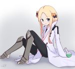  1girl abigail_williams_(fate/grand_order) armored_boots bangs black_bow black_pants blonde_hair blue_eyes blush boots bow closed_mouth commentary_request cosplay_request eyebrows_visible_through_hair fate/grand_order fate_(series) forehead gradient gradient_background grey_background hair_bow highres knee_boots kujou_karasuma long_hair long_sleeves orange_bow pants parted_bangs round-bottom_flask signature sitting sleeves_past_fingers sleeves_past_wrists smile solo white_background white_coat 