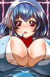  bad_id bad_pixiv_id blue_hair blush breasts cleavage highres huge_breasts nipples no_bra ogino_atsuki open_clothes open_mouth open_skirt red_eyes ribbon school_uniform seikon_no_qwaser short_hair skirt solo yamanobe_tomo 