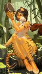  animal_ears anklet armlet bamboo bamboo_forest breasts brown_hair forest furry highres jeffr jewelry medium_breasts monster_girl nail_polish nature one_eye_closed orange_eyes short_hair solo tail tiger_ears tiger_girl tiger_tail wet 
