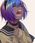  choker commentary_request crying eyes_closed fate/prototype fate/prototype:_fragments_of_blue_and_silver fate_(series) hairband hassan_of_serenity_(fate) highres open_mouth purple_hair school_uniform serafuku short_hair shunga_(shun608) simple_background sleeves_past_wrists tears teeth white_background 