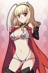  antenna_hair arshes_(yunibaru!) bad_id bad_pixiv_id bikini blonde_hair boots cloak detached_sleeves fugetsu_taku hairband long_hair multi-strapped_bikini navel open_clothes red_eyes skindentation smile solo swimsuit thigh_boots thighhighs white_bikini yunibaru! 