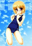 blonde_hair food glasses hiroposo kneeling one-piece_swimsuit original popsicle red_eyes school_swimsuit short_hair solo swimsuit 
