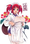  blue_eyes breasts cleavage covered_nipples cowboy_shot curvy earrings flower frills headdress highres jewelry large_breasts long_sleeves mugen_no_fantasia red_hair ryoji_(nomura_ryouji) see-through solo tail thighhighs twintails white_legwear 