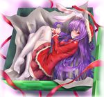  animal_ears box bunny_ears christmas gift highres in_box in_container legs long_hair monikano no_panties purple_hair red_eyes reisen_udongein_inaba ribbon santa_costume solo thighhighs touhou zettai_ryouiki 