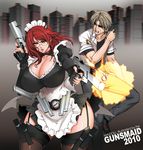  1girl breasts casing_ejection cleavage curvy dual_wielding fei_(maidoll) fingerless_gloves firing garter_straps glasses gloves green_eyes gun handgun highres holding holding_gun holding_weapon huge_breasts magazine_(weapon) magazine_ejection maid muzzle_flash narrow_waist original pistol racking_slide red_hair shell_casing thigh_strap thighhighs trigger_discipline weapon wide_hips 