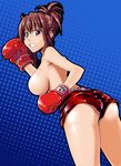  alto-00 ass boxing_gloves breasts brown_hair highres large_breasts original pink_eyes short_hair shorts sideboob solo topless triforce 