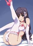  arm_support bare_shoulders bed breasts brown_eyes covering covering_crotch elbow_gloves gloves high_heels hirose_(mokiki) knees_to_chest large_breasts lingerie long_hair no_panties original parted_lips purple_hair shoes solo thighhighs underwear white_gloves white_legwear 