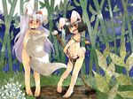  animal_ears bad_id bad_pixiv_id bamboo bamboo_forest barefoot black_hair blush bunny_ears bunny_tail calligraphy_brush carrot carrot_necklace censored forest giant_brush hammer_(sunset_beach) inaba_tewi jewelry long_hair multiple_girls nature necklace nude paintbrush paper pendant purple_hair red_eyes reisen_udongein_inaba short_hair tail touhou 