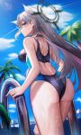  1girl absurdres animal_ears ass blue_archive blue_eyes blush breasts choker climbing_ladder commentary_request competition_swimsuit dark_halo day from_behind grey_hair halo highres li_se long_hair looking_at_viewer medium_breasts one-piece_swimsuit outdoors pool_ladder poolside shiroko_(blue_archive) shiroko_(swimsuit)_(blue_archive) shiroko_(terror)_(blue_archive) solo sun swimsuit wet wolf_ears 