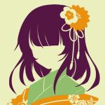  1girl bangs black_hair blunt_bangs flower grey_background hair_flower hair_ornament hieda_no_akyuu highres japanese_clothes long_hair maskin_mei silhouette simple_background solo touhou 