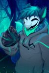  absurd_res anthro blue_body blue_fur blue_hair canid canine canis claws clothing forest fur furry glowing grey_clothing hair hi_res hoodie hybrid magic male male/male mammal mask plant pockyco portrait solo tail topwear tree wolf 