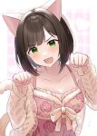  1girl animal_ears bangs blush border breasts brown_hair cat_ears checkered_background cleavage collarbone commentary fake_animal_ears fang floral_print green_eyes half-closed_eyes hands_up idolmaster idolmaster_cinderella_girls large_breasts long_sleeves looking_at_viewer maekawa_miku open_mouth paw_pose pink_background pink_shirt print_shirt rose_print sakura_ran shirt short_hair sleeveless sleeveless_shirt smile solo sweater upper_body v-shaped_eyebrows white_border white_sweater 