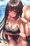  1boy 1girl arm_under_breasts bangs beach black_hair black_male_swimwear black_one-piece_swimsuit blue_sky bracelet breasts cameltoe cleavage cloud collarbone competition_swimsuit dandelion_(girls&#039;_frontline) girls&#039;_frontline hair_ornament highleg highleg_swimsuit highres holding_another&#039;s_arm jewelry large_breasts long_hair looking_ahead male_swimwear ocean one-piece_swimsuit open_mouth sand sky solo_focus swimsuit water wet wet_clothes wet_swimsuit xlscaler yellow_eyes 